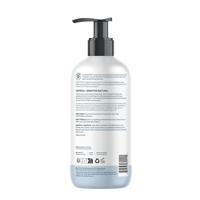 ATTITUDE Hand Soap for Sensitive Skin Enriched with Oat, EWG Verified, Dermatologically Tested, Vegan, Extra Gentle, Unscented, 16 Fl Oz