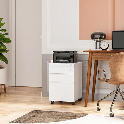 3 Drawer File Cabinet with Lock,Mobile Filing Cabinets,Metal Small Rolling File Cabinet,Under Desk Office Drawers for Legal/Letter/A4 File, Assembly Required,White