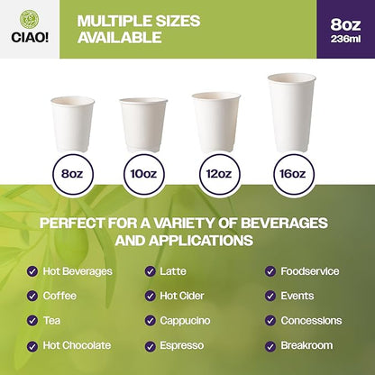 CIAO! 8 oz Insulated Double Wall White Paper Hot Cup, 80mm Diameter, 500 Count