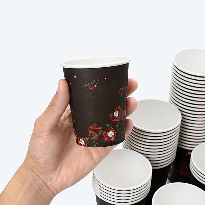 Cheerland Halloween Disposable Paper Cups Red Rose Eyeball Skull Skeleton Disposable Tableware for Halloween Gothic Spooky Birthday Celebration Emo Party Supplies 50pcs