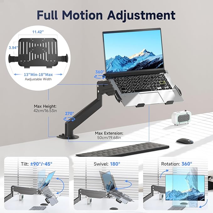 Suptek Laptop Desk Mount,Fully Adjustable Monitor and Laptop Mount Stand for 11-17 Inch Notebook and 17-32 inch Monitor Screen,Holds 22lbs with Vented Tray