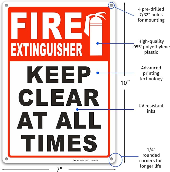 Brimar - 7 x 10" - Fire Extinguisher Keep Clear Sign - Polyethylene Plastic - Bold Text And Symbol - Easy Installation