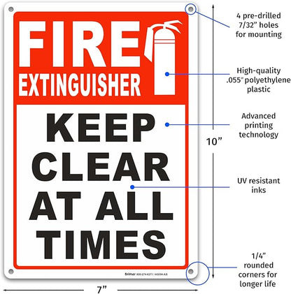 Brimar - 7 x 10" - Fire Extinguisher Keep Clear Sign - Polyethylene Plastic - Bold Text And Symbol - Easy Installation