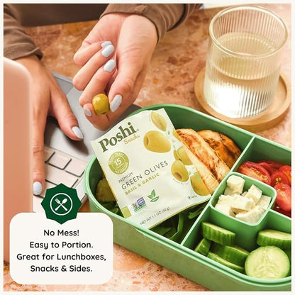 POSHI Green Pitted Olives - Basil & Garlic | Vegan, Kosher, Gluten Free + Keto Friendly, Fresh, Low Calorie Healthy Snacks | (30 Pack, 1.1oz Bags)
