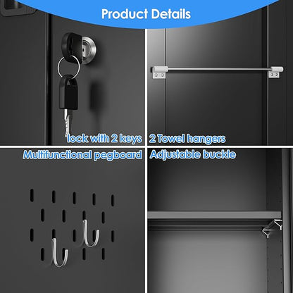 Broom Closet Storage Cabinet with 5 Pegboard, Hanging Rod &13 Hooks, Utility Metal Garage Storage Cabinets with Doors and 4 Shelves for Garage Home Storage, Black,71.5" H x 34" W x 17" D
