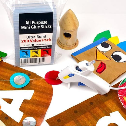 Artellius Mini Hot Glue Sticks - 4 in x 0.27 in, Pack of 200 - Universal Fit Glue Gun Sticks for Scrapbooking & Stamping Supplies - Fast-Melting Strong Bond with Adhesive Rods on Wood & Fabric