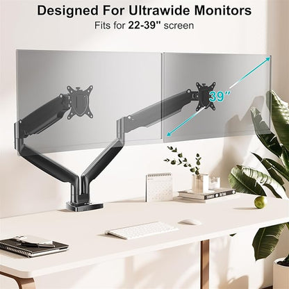 MOUNT PRO Dual Monitor Desk Mount fits 22” to 39” Ultrawide Computer Screen, Holds up to 30.9lbs Each, Fully Adjustable Long Monitor Arm for Two Monitors, Gas Spring Monitor Stand, 100x100 VESA Mount
