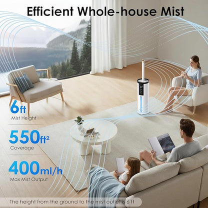 Humidifiers for Large Room - GloryAir 2.11Gal (8L) Quiet Top Fill Cool Mist Humidifier Whole Home 550 ft² 120H Runtime with Humidistat, Auto Mode Diffuser 7-Color Light for Bedroom House Plants Baby