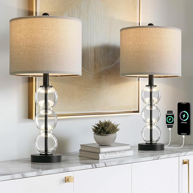 Oneach 24" Glass Table Lamps Set of 2, Black Modern Table Lamps with USB Ports for Living Room, Linen Shade Bedside Lamps for Bedroom, Nightstand, Side Table (Bulbs not Included)