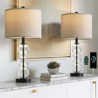Oneach 24" Glass Table Lamps Set of 2, Black Modern Table Lamps with USB Ports for Living Room, Linen Shade Bedside Lamps for Bedroom, Nightstand, Side Table (Bulbs not Included)
