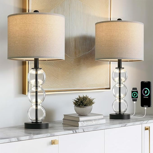 Oneach 24" Glass Table Lamps Set of 2, Black Modern Table Lamps with USB Ports for Living Room, Linen Shade Bedside Lamps for Bedroom, Nightstand, Side Table (Bulbs not Included)