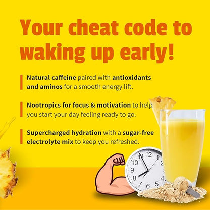 EarlyBird Morning Cocktail - Pineapple Mimosa 45 Servings - Clean Energy Drink (Natural Caffeine), Increased Motivation (Nootropics), Supercharged Hydration (Electrolytes) - Wake Up Early Drink w/