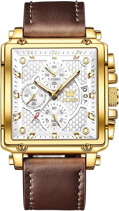 OLEVS Men's Chronograph Leather Watch, Big Face Easy to Read Analog Quartz Dress Watch, Casual Waterproof Luminous Hands Date Watches for Men, White/Blue/Black/Gold Dial