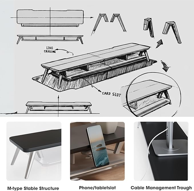 Fenge Dual Monitor Stand for Desk, 2 Tiers Monitor Riser with Acrylic Shelf, 42.5 Inch Wood and Aluminum Desk Shelf with Phone and Tablet Holder