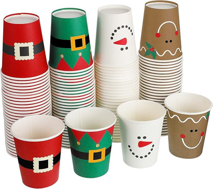 Funtery 100 Pieces Christmas Paper Cups Xmas Disposable Coffee Cups Snowflake Santa Snowman Elk Lights Christmas 9 Ounce Drinking Tea Paper for Daily Use Holiday (Bright Style)