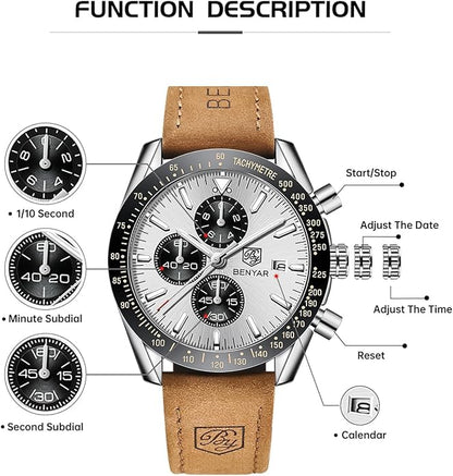 BY BENYAR Watch for Men Analog Quartz Chronograph Waterproof Luminous Designer Mens Wrist Watches Business Work Sport Casual Dress Watch with Silicone Strap Elegant Gifts for Men