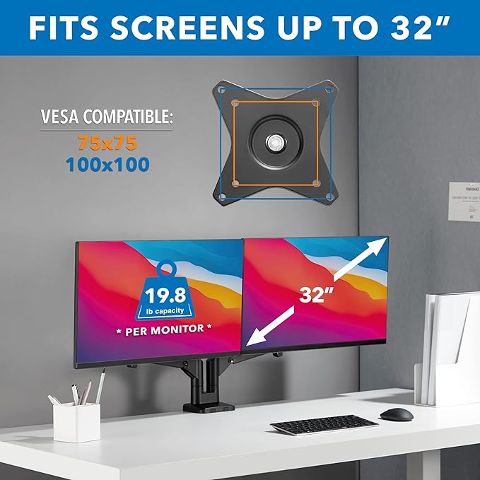Mount-It! Dual Monitor Arm for 2 Monitors 17" to 32" Screens, Holds 19.8lbs per Arm, Height Adjustable, Tilt/Swivel/Rotate, Gas Spring System, Max VESA 100x100, C-Clamp & Grommet Base