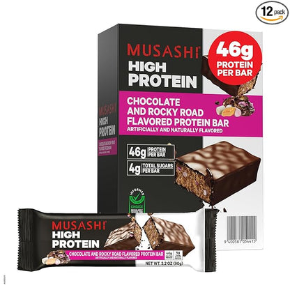MUSASHI High Protein Bar, 46g Protein, 4g Total Sugars, Rocky Road, Post Workout and Protein Snack On The Go, 12 Pack of 3.2oz (90g) Bars