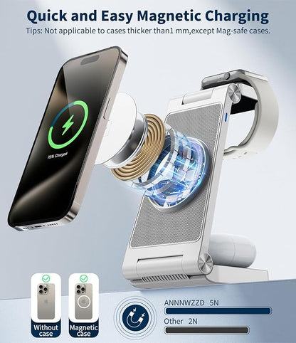 3-in-1 Magnetic Wireless Charging Station, Fast Max Charging for Smartphone, Watch & TWS, Space-Saving Multi-Device Charger Stand (White)