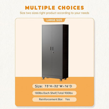 Greenvelly 74" Metal Storage Cabinet with Wheels, Lockable Rolling Metal Garage Cabinets with 2 Doors and 4 Adjustable Shelves, Rolling Tool Cabinet for Garage, Home Office, School