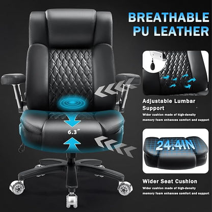 Big and Tall Office Chair 600lbs with 5D Flip Arms, Heavy Duty Executive Leather Office Chairs, Black Ergonomic Office Chair with Adjustable Lumbar Support & Pocket Spring Cushion, Dual Rubber Wheel