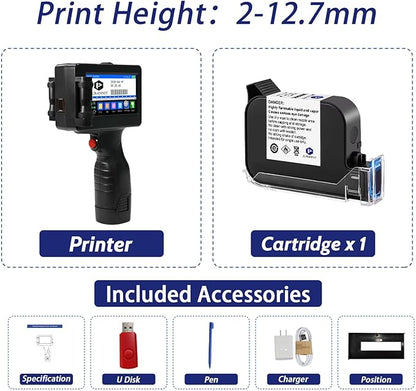 Handheld Inkjet Printer E55 with W6900K Fast-Drying Ink Cartridge, Portable Handheld Printer Gun 0.5 Inch Nozzle for Serial Numbers Logo DIY QRCode barcodes, Print on Carton Plastic Metal