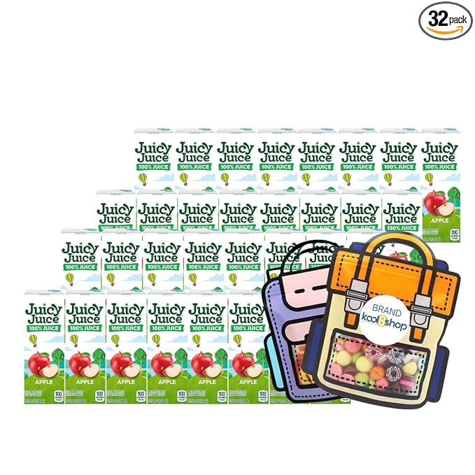 Juicy Juice Apple 100% Juice No Sugar Added On the Go Box 6.75 fl oz 32 Pack + 2 Reusable Snack Bags by KOOL8SHOP Infinite Deals