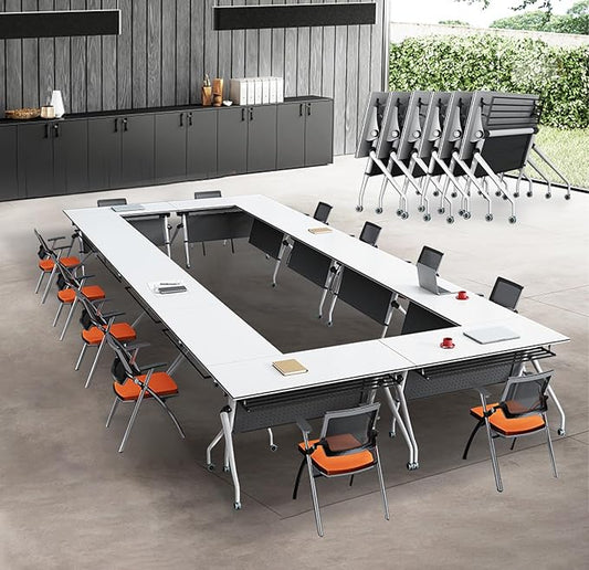 6FT Conference Room Tables,70" Folding Training Conference Tables/Podcast for 8-10 People,Modern Office Seminar Table,Flip Top Rolling Seminar Office Meeting Table Modular(White, 4 Pack)