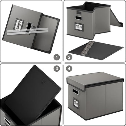 Huolewa Faux Leather File Organizer Box with Lid, Collapsible Hanging File Folder Box Organizer with Plastic Slides, Decorative Home/Office Filing System Boxes for File and Folders Storage