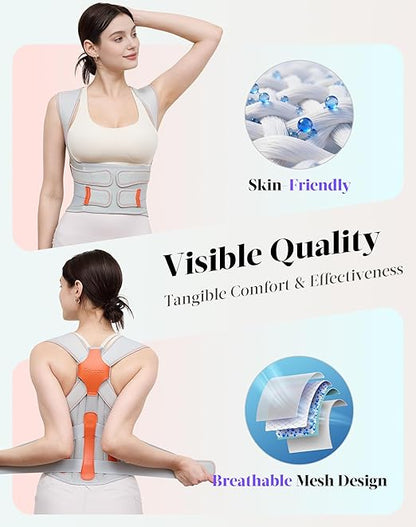 Posture Corrector for Women and Men, 5 Full Back Support Brace Rods, Adjustable Shoulder Straightener, FSA&HSA Eligible, Relief for Upper and Lower Back, Lumbar, Neck Pain (Gray, Small)