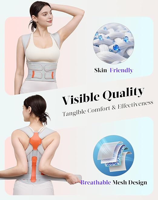 Posture Corrector for Women and Men, 5 Full Back Support Brace Rods, Adjustable Shoulder Straightener, FSA&HSA Eligible, Relief for Upper and Lower Back, Lumbar, Neck Pain (Gray, Medium)
