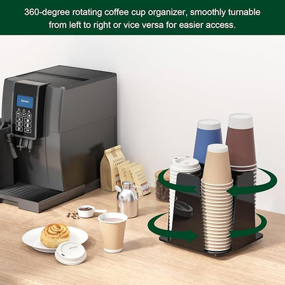 Coffee Cup Organizer for Countertop - Rotating Plastic Cup Holder 4 Compartments Black Acrylic Cup and Lid Holder for Coffee Bar Restaurant Breakroom Disposable Paper Coffee Cup Dispenser