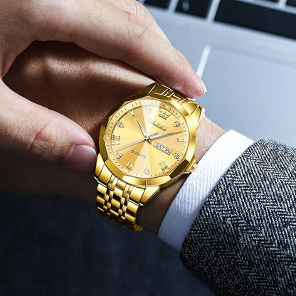 Men's Casual Stainless Steel Watch, Big Face Easy to Read Analog Quartz Watch with Day and Date, Classic Waterproof Diamond Roman Arabic Numerals Dial Dress Watch for Men, Gold Silver Black Band
