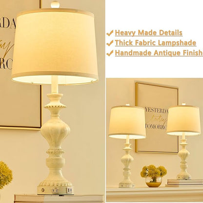 27.5" Farmhouse Table Lamps Set of 2 Bedside Nightstand Lamp with USB C+A Ports & AC Outlet, 3 Way Dimmable Touch Lamps for Bedroom Living Room Office Rustic Lamp (White Gold)