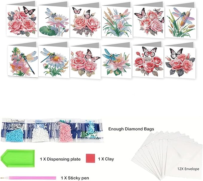 jinglinhh 12pcs Diamond Art Painting Butterfly Flower Dragonfly Daisy Rose Lotus Greeting Cards with Envelopes, DIY Card Making Kits for Adults, Diamond Art Birthday Cards Craft Gifts
