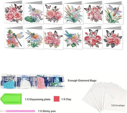 jinglinhh 12pcs Diamond Art Painting Butterfly Flower Dragonfly Daisy Rose Lotus Greeting Cards with Envelopes, DIY Card Making Kits for Adults, Diamond Art Birthday Cards Craft Gifts