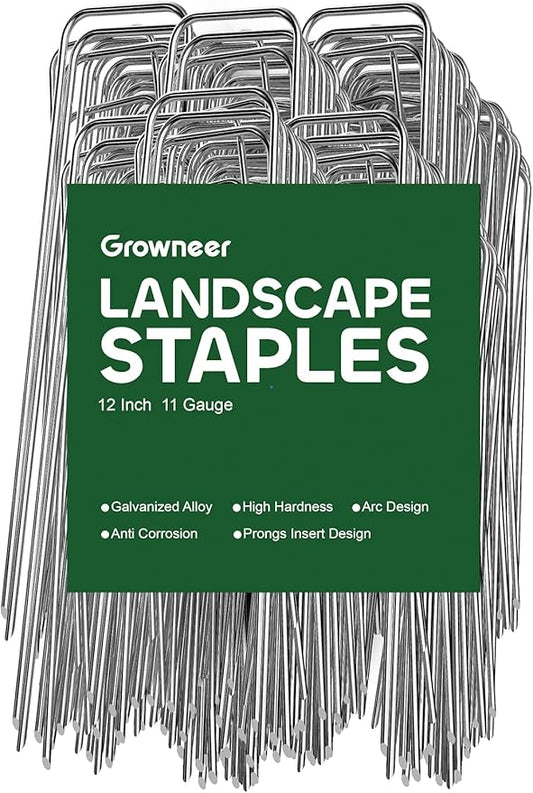 GROWNEER 100 Packs 12 Inches Landscape Staples Heavy Duty 11 Gauge Galvanized Steel Garden Stakes Staples Securing Pegs for Securing Weed Fabric Landscape Fabric Netting Ground Sheets and Fleece
