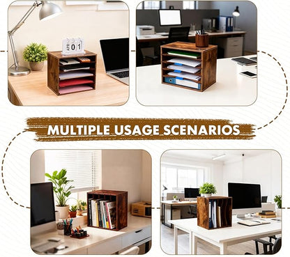 EMERIT Paper Organzier Wood Desktop Organizer Storage Letter Tray File Sorter with Adjustable Shelves for Home Office