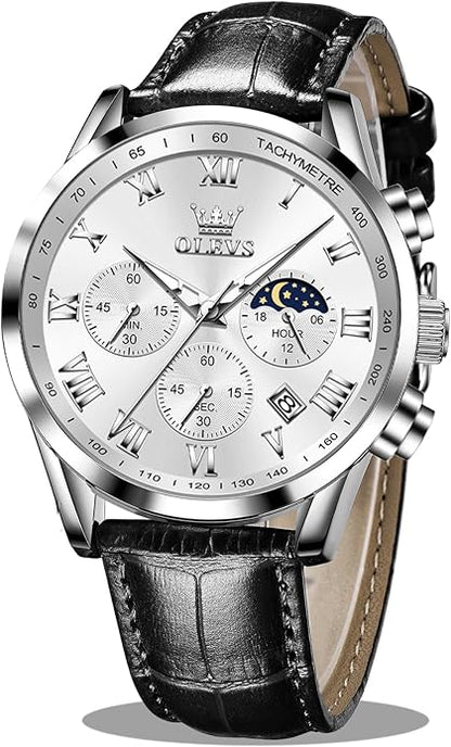 OLEVS Men's Leather Analog Quartz Watch - Luxury Chronograph Wristwatch With Date, Waterproof, Luminous - Dress Style