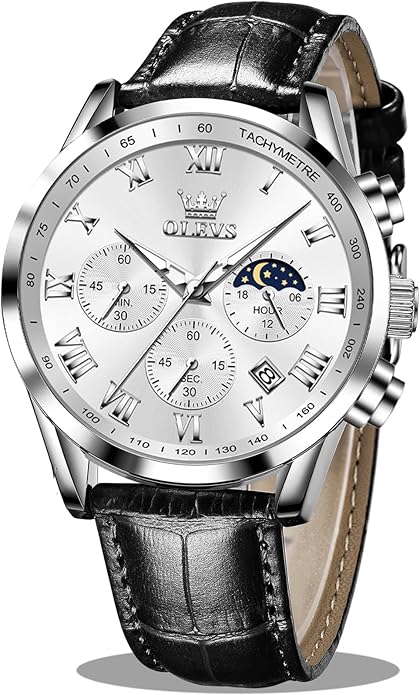 OLEVS Men's Leather Analog Quartz Watch - Luxury Chronograph Wristwatch With Date, Waterproof, Luminous - Dress Style
