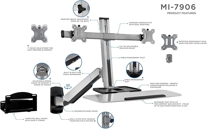 Mount-It! Sit Stand Dual Monitor Wall Mount Workstation & Stand Up Computer Station with Articulating Keyboard Tray Arm and CPU Holder