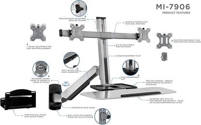 Mount-It! Sit Stand Dual Monitor Wall Mount Workstation & Stand Up Computer Station with Articulating Keyboard Tray Arm and CPU Holder