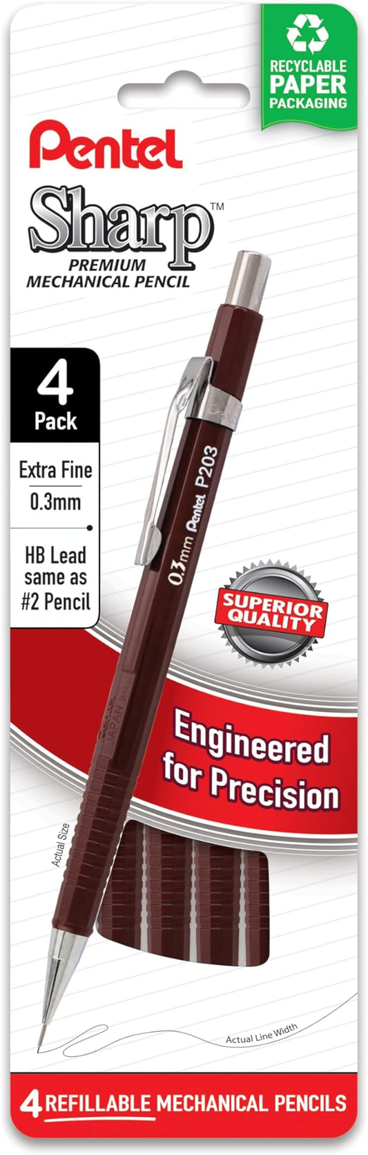 Pentel Sharp Mechanical Pencil, (0.3mm), Extra Fine Line, Brown Barrel, Pack of 4 (P203PF4E)