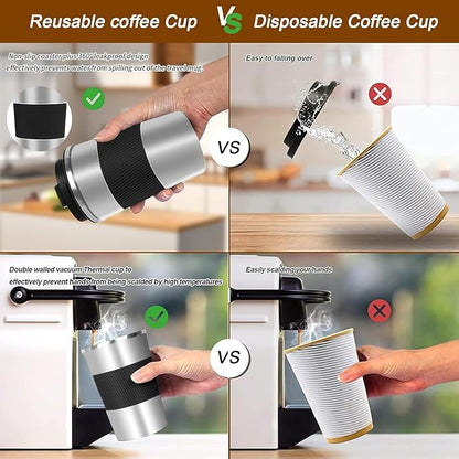 YINBAOGE Insulated Travel Coffee Mug, Spill & Leak Proof, Portable To Go Camping Stainless Steel Coffee Tumbler, Reusable Thermal Coffee Cup with Lid for Hot & Cold Drinks(Silver black, 12 OZ)