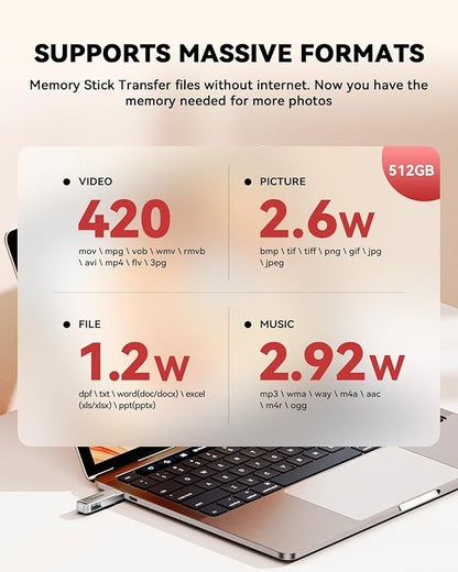 MFi Certified 512GB iPhone Photo Stick, USB Flash Drive for Photo/Video Backup, High-Speed Thumb Drive Compatible for iPhone/iPad/Android/PC (Silver)