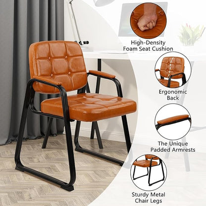 CLATINA Office Guest Chair, Leather Reception Chairs with Padded Arms, Desk Chair No Wheels Stationary for Conference Lobby Waiting Room Training Side Elderly, Set of 6-Orange