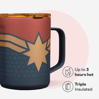 Corkcicle Classic Coffee Mug - Triple Insulated Stainless Steel for Travel - Shatter-Proof Lid - Keeps Drink Hot Over 3 Hours - Holiday Mug Gift - Great for Gifting Warmth - 16 oz - Captain Marvel
