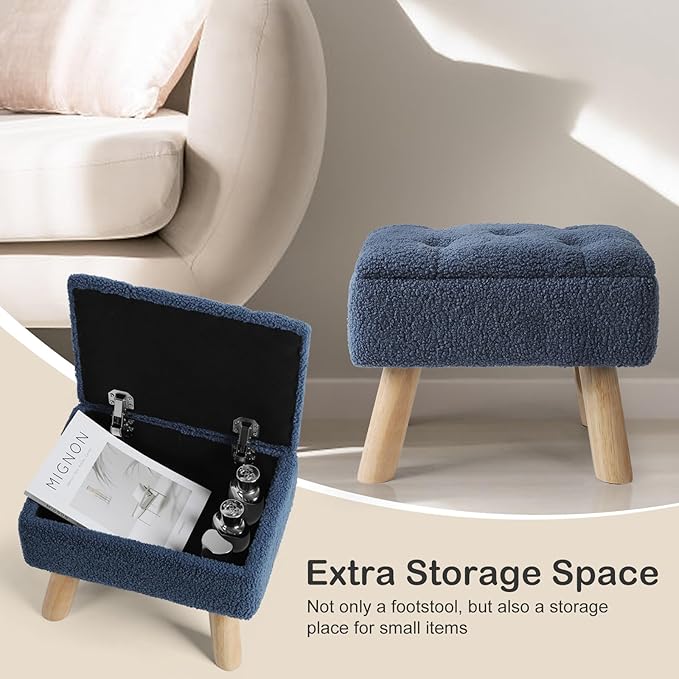 Storage Ottoman, Small Foot Stool Ottoman with Storage, Boucle Teddy Velvet Foot Rest with Padded Seat, Sturdy Wood Legs Stool for Living Room, Bedroom, Couch, Enterway (Dark Blue)