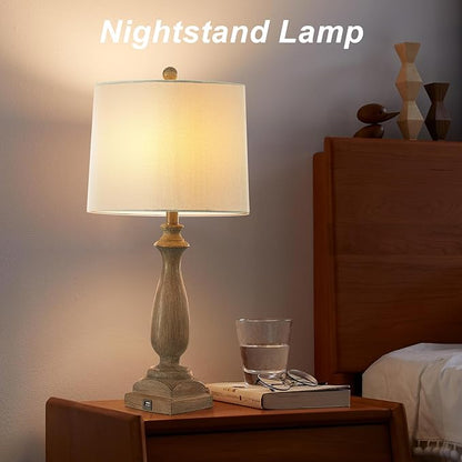 26'' Traditional Table Lamps Set of 2 with USB Charging Port, 3-Way Dimmable Rustic Farmhouse Resin Bedside Lamps for Bedroom, Vintage Nightstand Desk Lamp for Living Room &White Linen Shade