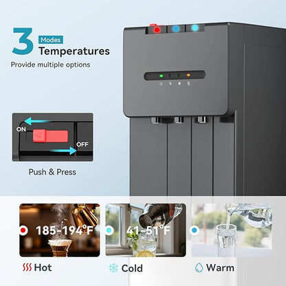 EUHOMY Self Cleaning Bottom Loading Water Cooler Dispenser, 3 Temperatures (Cold, Warm, Hot), Child Safety Lock, LED Indicator Light, Water Dispenser for Home, Apartment, Office, Black